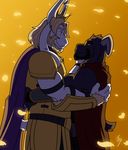  armor asgore_dreemurr beard biceps black_fur blonde_hair boss_monster caprine cloak clothing crown duo eye_contact eyewear facial_hair fan_character fangs floppy_ears fur glasses goat hair horn hug long_ears love male male/male mammal muscular petals ragnar_faerhir romantic_couple short_tail simple_background smile touching_face undertale video_games white_fur yellow_sclera 