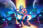  2019 anthro black_nose blue_eyes blue_hair breasts canine clothed clothing detailed_background digital_media_(artwork) dog female hair hihikori mammal solo space standing 