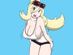  1girl blonde_hair breasts cleavage exhibitionism gym_leader huge_breasts koruni_(pokemon) nintendo no_bra pokemon pokemon_(anime) pokemon_(game) pokemon_xy ponytail smile solo tagme very_long_hair 