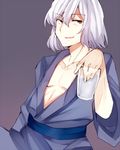  bangs collarbone cup drinking_glass holding japanese_clothes kimono looking_to_the_side male_focus open_clothes open_kimono red_eyes sabujiroko simple_background solo toono_shiki_(2) tsukihime white_hair 