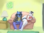  2014 anthro byondrage clothed clothing controller duo fur game_controller girly inside lucario male nintendo pok&eacute;mon purple_eyes sitting sofa video_games white_fur 