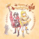  english food highres iesupa multiple_girls ruby_rose rwby siblings sisters thanksgiving turkey_(food) welsh_corgi yang_xiao_long zwei_(rwby) 