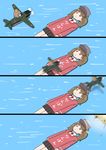  4koma :| afloat aircraft airplane arms_at_sides bangs black_skirt brown_hair closed_mouth clothes_writing comic explosion eyebrows eyebrows_visible_through_hair fairy_(kantai_collection) flat_chest hat kantai_collection landing long_sleeves looking_at_viewer magatama miniskirt misumi_(niku-kyu) motion_blur multiple_girls ocean pleated_skirt ryuujou_(kantai_collection) skirt tenzan_(kantai_collection) translated twintails type_97_torpedo_bomber visor_cap water 