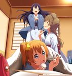  bag bag_charm bath_yukata blue_eyes blue_hair blush bread brown_hair charm_(object) closed_eyes coat food hair_ornament hanten_(clothes) highres japanese_clothes kimono kousaka_honoka long_hair love_live! love_live!_school_idol_project lying minami_kotori multiple_girls on_stomach one_side_up open_mouth orange_hair shiokazunoko smile sonoda_umi standing uchicchii yukata 