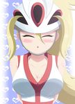  1girl artist_request blonde_hair blush breasts cleavage eyes_closed gym_leader high_ponytail koruni_(pokemon) large_breasts nintendo pokemon pokemon_(game) pokemon_xy ponytail solo tagme two_side_up 