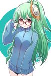  adjusting_hair alternate_costume athena_(p&amp;d) bespectacled blush buruma glasses green_hair gym_uniform hair_ornament highres long_hair looking_at_viewer pikomarie puzzle_&amp;_dragons red-framed_eyewear red_eyes shield solo sweater very_long_hair zipper 