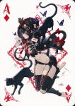  1girl ace_of_diamonds animal_ears bangs barefoot bell black_cat black_hair breasts bug butterfly card card_(medium) cat cat_ears cat_girl cat_tail cleavage commentary ears_through_headwear fingernails full_body garter_straps hair_between_eyes has_bad_revision has_downscaled_revision highres hood hood_up insect looking_at_viewer medium_breasts nail_polish navel original red_eyes revision ribbon simple_background solo tail tail_bell tail_ribbon thigh_gap wanke 