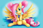  2014 absurd_res angel_(mlp) blue_eyes duo eyelashes feathers female feral fluttershy_(mlp) friendship_is_magic fur hair hi_res hooves lagomorph male mammal my_little_pony nude pink_hair rabbit shaadorian sitting smile yellow_feathers yellow_fur 