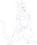  anthro breasts claws clothed clothing costume digitigrade female front_view harem horn loincloth looking_at_viewer maim midriff nimriel nude presenting pussy scales sketch smile solo standing straps toe_claws 