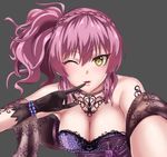  black_gloves braid breasts cleavage crown_braid demio finger_to_mouth gloves highres idolmaster idolmaster_cinderella_girls idolmaster_cinderella_girls_starlight_stage jougasaki_mika large_breasts long_hair one_eye_closed pink_hair side_ponytail simple_background solo tattoo yellow_eyes 