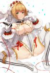  ahoge belt blonde_hair blush bow breasts bridal_veil chain cleavage confetti detached_collar detached_sleeves fate/extra fate/extra_ccc fate/grand_order fate_(series) flower gloves green_eyes hair_intakes high_heels holding holding_microphone jirusu joint_recital large_breasts legs leotard lock looking_at_viewer md5_mismatch microphone nero_claudius_(bride)_(fate) nero_claudius_(fate)_(all) padlock red_bow red_flower red_rose revealing_clothes rose shoes short_hair sitting smile solo spread_legs thighhighs thighs underboob veil white_background white_footwear white_gloves white_legwear white_sleeves 