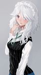  alternate_costume alternate_hairstyle commentary_request earrings geppewi hair_down highres izayoi_sakuya jewelry long_hair long_sleeves looking_at_viewer maid_headdress parted_lips red_eyes ring silver_hair simple_background solo touhou upper_body wedding_band 
