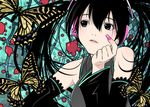  black_hair bug butterfly detached_sleeves fingernails green_eyes hands hatsune_miku headphones highres insect long_fingernails long_hair nail_polish pink_nails shirt sleeveless sleeveless_shirt solo twintails vocaloid xr650r 