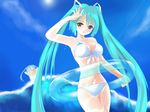  aqua_eyes aqua_hair bikini breasts chibi float hatsune_miku headset long_hair sky smile swimsuit twintails very_long_hair vocaloid water white_bikini white_swimsuit 