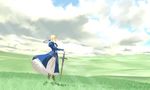  artoria_pendragon_(all) blonde_hair blue_eyes cloud day dress fate/stay_night fate_(series) landscape meadow saber scenery solo sword weapon yuuki1103 