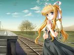  air bad_id bad_pixiv_id black_dress blonde_hair blue_eyes blue_sky blush cloud day dress hair_ribbon kamio_misuzu long_hair looking_at_viewer outdoors puffy_short_sleeves puffy_sleeves railroad_tracks ribbon sazanami_(artist) short_sleeves sidelocks sky solo 