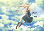 air bad_id bad_pixiv_id blonde_hair blue_eyes boots cloud hair_ribbon kamio_misuzu long_hair open_mouth outstretched_arms ponytail ribbon school_uniform sky solo spread_arms wings yone_f15 