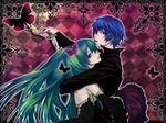  1girl bad_id bad_pixiv_id blue_eyes blue_hair bug butterfly cantarella_(vocaloid) checkered colorized detached_sleeves green_eyes green_hair hatsune_miku hug insect kaito knife long_hair nayu twintails vocaloid 