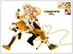  1girl alternate_hairstyle armband back-to-back brother_and_sister casual checkered heart heart_of_string instrument kagamine_len kagamine_rin kneehighs microphone microphone_stand necktie pants plaid plaid_pants plaid_skirt siblings skirt socks tadano_kagekichi twins twintails vocaloid yellow_neckwear 