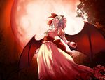  bat_wings blood blood_on_face blood_stain dress full_moon hat looking_up moon night red_eyes red_moon remilia_scarlet solo touhou wings wrist_cuffs yasuyuki 