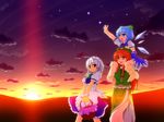  anklet barefoot basket blue_eyes blue_hair braid carrying cirno etogami_kazuya highres hong_meiling izayoi_sakuya jewelry maid multiple_girls red_eyes red_hair shoulder_carry silver_hair sunset touhou wallpaper wings 