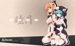  2girls animal_print cow_print dille_blood dlsite.com elle_sweet grey_background highres kneeling multiple_girls new_year refeia thighhighs wallpaper white_legwear 