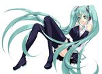  bad_id bad_pixiv_id bare_shoulders blush colorized detached_sleeves green_eyes green_hair happy hatsune_miku long_hair necktie open_mouth shinri_mitsuba simple_background sitting skirt smile solo thighhighs twintails very_long_hair vi_(ena0930) vocaloid white_background 