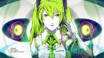  adapted_costume bangs bare_shoulders cable collared_shirt commentary_request detached_sleeves eyelashes flat_chest green_eyes green_hair hair_between_eyes hair_ornament hand_on_headphones hatsune_miku headphones highres light_smile long_hair looking_at_viewer nagimiso palms shirt solo song_name speaker twintails upper_body vocaloid white_skin 