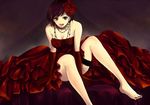  :d bare_legs bare_shoulders barefoot brown_hair dress elbow_gloves flower formal gloves hair_flower hair_ornament jewelry leaning_forward lipstick makeup meiko nail_polish necklace open_mouth red red_dress red_eyes red_lipstick rose sanho short_hair sitting smile solo thigh_strap vocaloid 