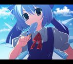  bad_id bad_pixiv_id blue_eyes blue_hair bow cirno food hair_bow letterboxed neck_ribbon po_(pixiv) popsicle ribbon short_hair solo touhou wings 