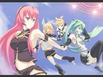  3girls bad_id bad_pixiv_id belt biwanoha day flying hatsune_miku kagamine_len kagamine_rin megurine_luka midair multiple_girls sailor_collar sky thighhighs twintails vocaloid zettai_ryouiki 