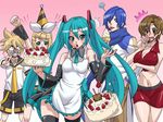  3girls apron aqua_hair artist_request birthday blush breasts cake cleavage food food_on_face glasses green_eyes hatsune_miku ice_cream kagamine_len kagamine_rin kaito large_breasts medium_breasts meiko multiple_boys multiple_girls pastry short_hair siblings thighhighs twins twintails vocaloid zettai_ryouiki 