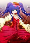  blood blood_in_mouth bloody_clothes blue_eyes blue_hair bow choker dawn_of_the_golden_witch dress eyebrows_visible_through_hair flower frills furudo_erika hair_ornament hat hattori_masaki highres long_hair ribbon solo twintails umineko_no_naku_koro_ni 