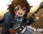  blush brown_eyes brown_hair guitar hair_ornament hairclip highres hirasawa_yui instrument k-on! messy_hair school_uniform short_hair solo sweat takanashi_ringo 