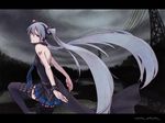  belt blue_eyes bracelet hagane_miku hagane_vocaloid hanji_(hansi) headphones jewelry long_hair looking_back necktie power_lines silver_hair skirt solo spiked_bracelet spikes thigh_strap thighhighs twintails very_long_hair vocaloid zettai_ryouiki 