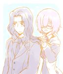  1girl berserker_(fate/zero) comb combing fate/grand_order fate/zero fate_(series) father_and_daughter formal glasses hair_over_one_eye long_hair mash_kyrielight mutsume necktie purple_hair short_hair suit 