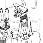  2016 anthro arctic_fox bdsm black_and_white book canine clothed clothing collar disney duo english_text female fox jack_savage lagomorph leash male male/female mammal monochrome muzzle_(object) muzzled rabbit replytoanons sitting skye_(zootopia) sweat text underwear zootopia 