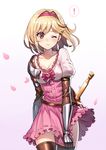  1girl arm_behind_back ass_visible_through_thighs black_legwear blonde_hair blush breasts brown_eyes cleavage collarbone commentary_request cowboy_shot djeeta_(granblue_fantasy) dress dress_tug fighter_(granblue_fantasy) gauntlets gradient gradient_background granblue_fantasy hairband looking_at_viewer medium_breasts no_panties one_eye_closed petals pink_dress pink_hairband puffy_short_sleeves puffy_sleeves ririko_(zhuoyandesailaer) short_hair short_sleeves solo sword tears thigh_gap thighhighs thighs weapon 