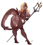  2016 blood breasts butt crown female fin fish hair invalid_tag marine melee_weapon multicolored_hair myloveless nipples nude polearm pose presenting presenting_hindquarters pussy raised_tail red_eyes shark side_boob simple_background spear starfish stripes teeth tiger_shark trident weapon white_background 