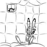  2016 anthro asylum black_and_white clothed clothing disney jack_savage lagomorph male mammal monochrome padded_cell rabbit replytoanons simple_background sitting solo straitjacket sweat white_background zootopia 
