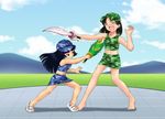 2girls barefoot baseball_cap black_hair blue_eyes camouflage feather multiple_girls sandals sleeveless sword tickling uniform 