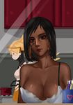  black_hair blonde_hair blush_stickers bodysuit bra breasts brown_eyes cabinet collarbone dark_skin expressionless eye_of_horus facial_mark facial_tattoo hair_tubes high_ponytail large_breasts light_smile lips long_hair looking_at_viewer mechanical_halo mechanical_wings mercy_(overwatch) mirror multiple_girls nose off_shoulder oroo overwatch pharah_(overwatch) ponytail pot reflection side_braids sketch solo_focus stove strap_slip tattoo toothbrush underwear unfinished upper_body wings yellow_wings 
