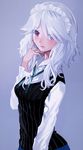  1girl alternate_costume alternate_hairstyle commentary_request geppewi hair_down highres izayoi_sakuya long_hair long_sleeves looking_at_viewer maid_headdress red_eyes silver_hair simple_background solo touhou upper_body 
