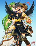  2boys armlet artist_name bisexual_(male) black_hair black_shorts black_wings blue_background blush bracelet bracer brooch brown_eyes brown_hair dark_pit feathered_wings gradient gradient_background green_eyes green_hair grin heart jewelry kid_icarus kid_icarus_uprising long_hair multiple_boys open_mouth palutena pit_(kid_icarus) sandals sandwiched sei_(seiryuuden) shorts sleeveless smile sparkle tiara toga tongue tongue_out watermark wavy_mouth white_wings wings you_gonna_get_raped 