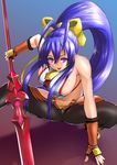  :d antenna_hair backless_outfit bangs bare_shoulders black_pants blazblue blazblue:_central_fiction blazblue_variable_heart blue_hair boots bow breasts cameltoe elbow_gloves eyebrows fingerless_gloves genderswap genderswap_(mtf) gloves hair_between_eyes hair_bow halter_top halterneck high_heel_boots high_heels highres hip_vent holding holding_spear holding_weapon large_breasts long_hair looking_at_viewer lowleg lowleg_pants mai_natsume midriff navel no_bra no_panties open_mouth orange_gloves outseal pants pink_eyes polearm ponytail purple_eyes revealing_clothes ribbon shadow sideboob sidelocks skin_tight smile solo spear spread_legs squatting thighs very_long_hair weapon yellow_bow yoshimura_tatsumaki 