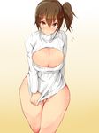  arm_behind_back blush bottomless breasts brown_eyes brown_hair cleavage cleavage_cutout clothes_tug covering covering_crotch dress gradient gradient_background hair_between_eyes kaga_(kantai_collection) kantai_collection large_breasts looking_at_viewer meme_attire naked_sweater nashipasuta open-chest_sweater ribbed_sweater short_hair side_ponytail simple_background solo sweater sweater_dress sweater_tug turtleneck wide_hips 