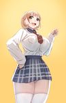  :d alternate_breast_size bow_(bhp) breasts brown_hair large_breasts looking_at_viewer narusawa_ryouka occultic;nine open_mouth short_hair skirt smile solo thick_thighs thighhighs thighs white_legwear yellow_background 