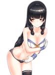  :&lt; adapted_costume bikini black_bikini_bottom black_hair black_legwear blush breasts closed_mouth collarbone embarrassed gloves hair_ribbon isokaze_(kantai_collection) kantai_collection kfr leaning_forward long_hair looking_away looking_to_the_side medium_breasts mismatched_bikini navel neckerchief red_eyes red_ribbon ribbon simple_background single_thighhigh solo stomach strapless strapless_bikini swimsuit thighhighs thighs tress_ribbon white_background white_bikini_top white_gloves 