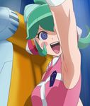  armpits blue_eyes blush_stickers calen_(time_bokan) chair gloves green_hair haruyama_kazunori headgear ponytail sleeveless smile solo time_bokan_(series) time_bokan_24 upper_body white_gloves 