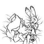  2016 anthro arctic_fox bed black_and_white canine clothed clothing disney duo eyes_closed female female/female fox hand_on_head judy_hopps lagomorph licking licking_stomach lying mammal monochrome on_back on_front rabbit replytoanons simple_background skye_(zootopia) smile tongue tongue_out undressing white_background zootopia 